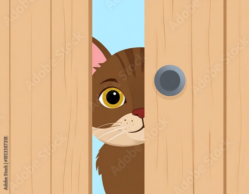 A cute cartoon cat, brown and striped, peeks from behind a wooden door with a round doorknob, curious and friendly