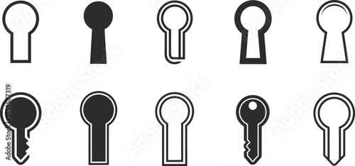 A collection of various black and white keyhole and key designs