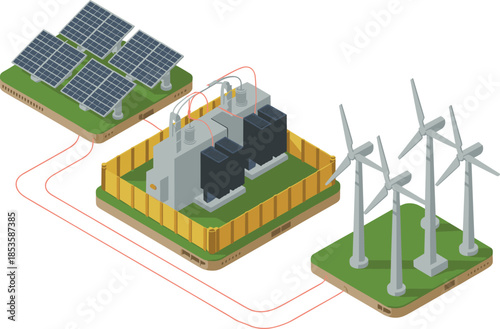 Isometric renewable energy system illustration showing solar panels wind turbines and power substation infrastructure for clean electricity generation technology