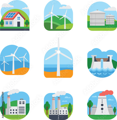 Renewable and traditional energy icons set, solar wind hydro nuclear power plants, flat design illustration collection for sustainability concepts