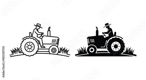 A vintage depiction of a farmer driving a tractor through a grassy field a classic silhouette