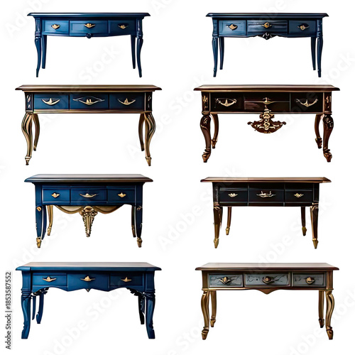 Array of ornate antique desks in blue, gold, and dark wood