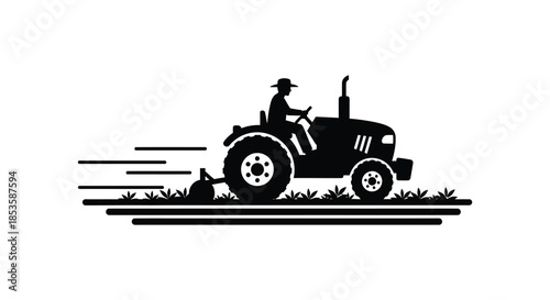 A striking black silhouette of a farmer driving a tractor through a field evoking rural life silhouette