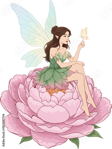 Fantasy Fairy Sitting on Pink Flower with Butterfly