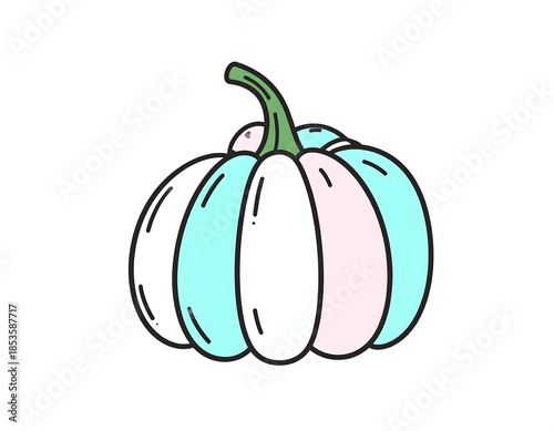 A cute cartoon pumpkin featuring pastel teal, pink, and white segments with a green stem, set against a plain white background