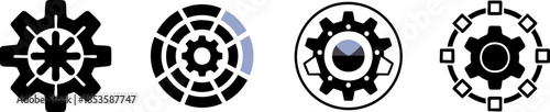 General Settings & Preferences Concept. A series of four unique gear icons, featuring different designs and patterns, emphasizing mechanical and industrial themes.