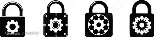 Security & Access Settings. Four padlock icons featuring gear motifs, signifying security, protection, and mechanical design.