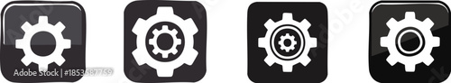 App & Software Settings. A set of four icons depicting gears in a minimalist style, emphasizing mechanical components and functionality.