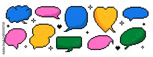 Pixel speech bubbles for game design. Set of 8-bit retro talk balloons, empty text frames and dialog clouds