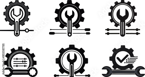 Tools, Adjust & Fine-Tuning. A collection of black and white mechanical icons featuring gears and wrenches, representing tools and engineering concepts.