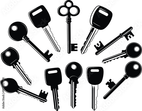 Collection of various keys arranged in a circular pattern black and white