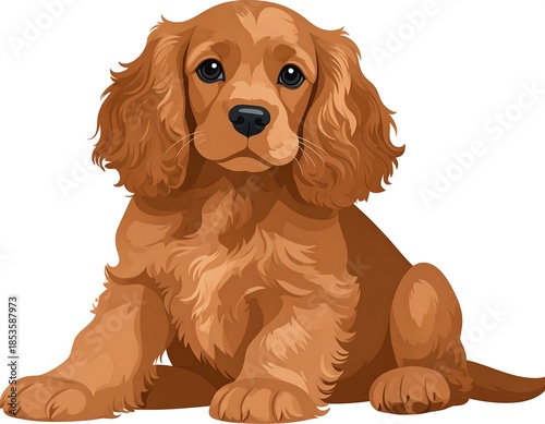 A cute cartoon puppy, golden brown with curly fur, sitting and looking directly at the viewer with big, kind eyes