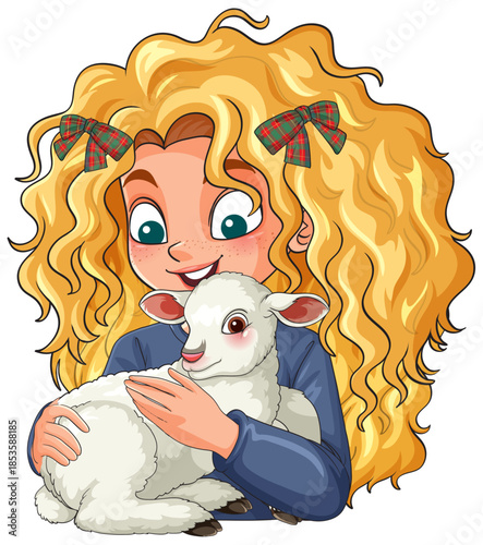 Curly-Haired Girl Hugging White Lamb Illustration