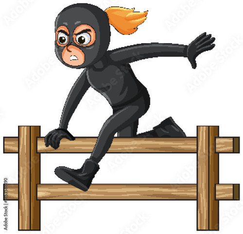 Female Burglar in Black Suit Jumping Over Wooden Fence