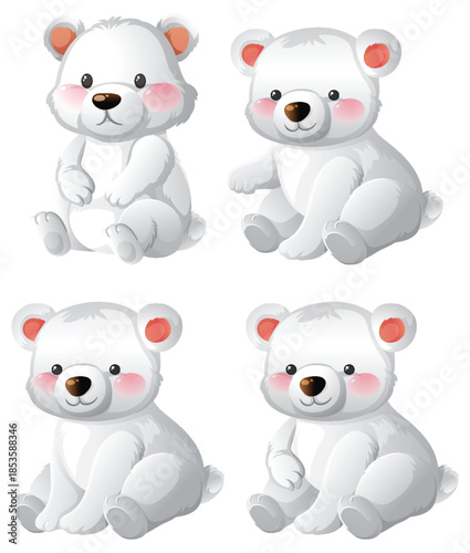 Cute Cartoon Polar Bear Cubs Sitting in Various Poses