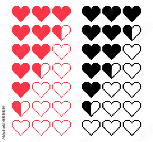 pixel art heart health bar icons, retro gaming life status set