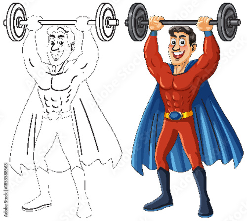 Superhero Lifting Barbell in Cartoon Vector Style