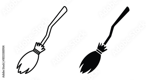 Two simple representations of a traditional witch s broom clearly outlined in black and white silhouette