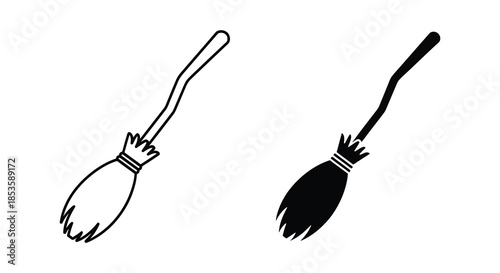 Two depictions of a broom one outlined and one solid black forming a striking contrast silhouette