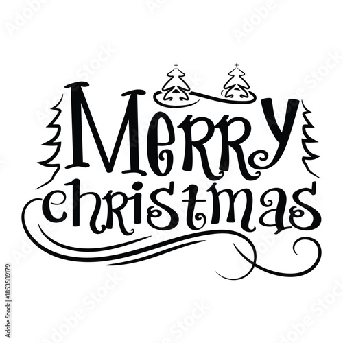 Merry Christmas Hand Lettering with Decorative Swirls and Trees