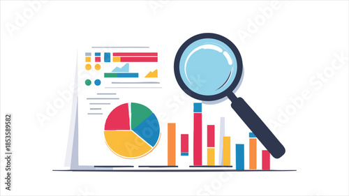 Data analysis with magnifying glass.  Detailed insights from various charts and graphs