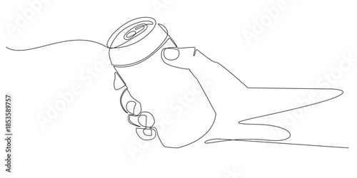Continuous line drawing hand holding beverage can.symbolizing refreshment, and modern consumption. Single line illustration for drink, branding, and advertising themes.