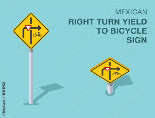 Traffic regulation rules. Isolated mexican "right turn yield to bicycle" road sign. Front and top view. Flat vector illustration template.