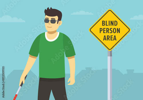 Close-up of a United States "blind person area" sign and visually impaired male character. Pedestrian road safety rules and tips. Flat vector illustration template.