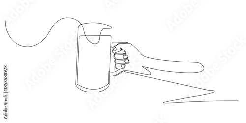 Continuous line drawing of a hand holding a beer glass, symbolizing relaxation, celebration, and social moments. Single line illustration suitable for bar culture, beverage themes, and lifestyle.