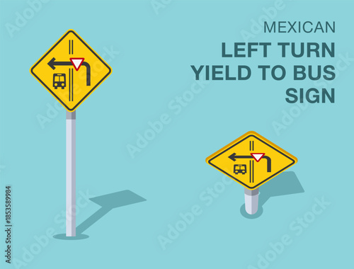 Traffic regulation rules. Isolated mexican "left turn yield to bus" road sign. Front and top view. Flat vector illustration template.