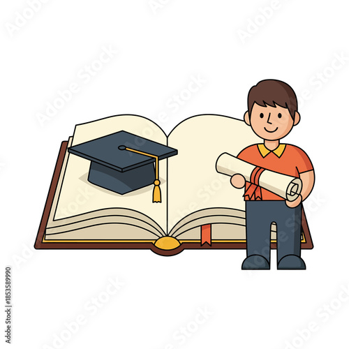 Student with diploma and graduation cap on an open book.