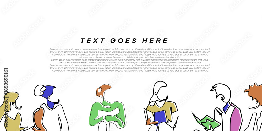 Fototapeta premium Educational background. Line art drawing of multiracial students sitting and studying together. Suitable for education day, and university themes.