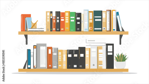 Organized shelves filled with documents and books