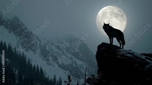 Lone wolf stands guard on mountain peak under full moon in snowy landscape