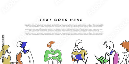 Educational background. Line art drawing of multiracial students sitting and studying together. Suitable for education day, and university themes.