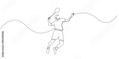 Continuous line drawing of a badminton player jumping and hitting a shuttlecock, symbolizing agility, strength, and competitive sports action. Single line illustration suitable for sport themes.