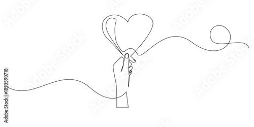Continuous line drawing of a hand holding a heart, symbolizing love, care, compassion, and emotional support. Single line illustration suitable for charity, empathy, and relationship themes.