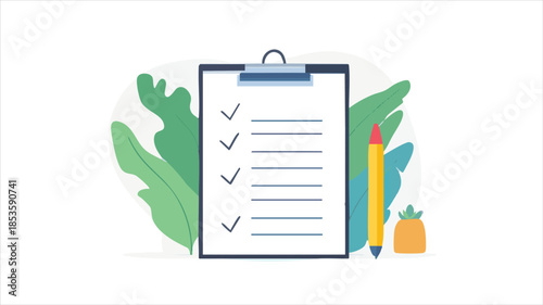 Checklist with pen, clipboard, and greenery