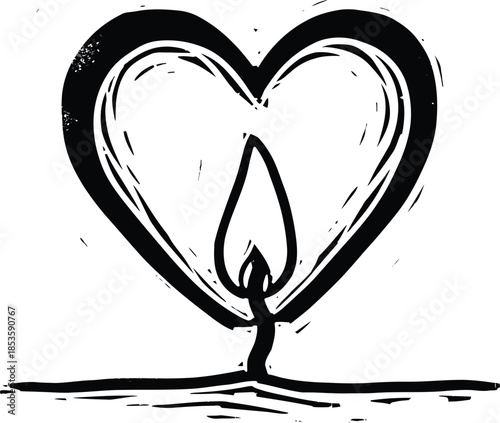 Linocut Style Candle Flame Shaped Heart Minimal White Background Bold Romantic Illustration