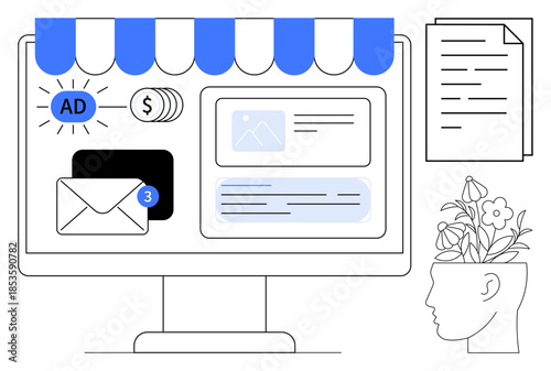 Desktop screen with online ad, email notification, financial icons, webpage design, creative brain with flowers, and document. Ideal for marketing, advertising, creativity e-commerce business