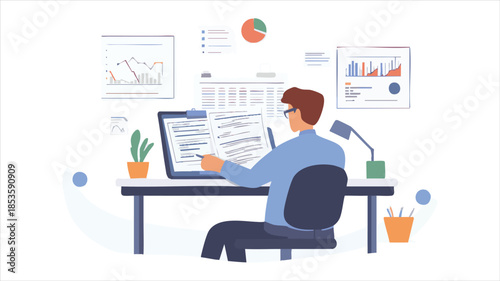 vector Focused worker analyzing data on computer