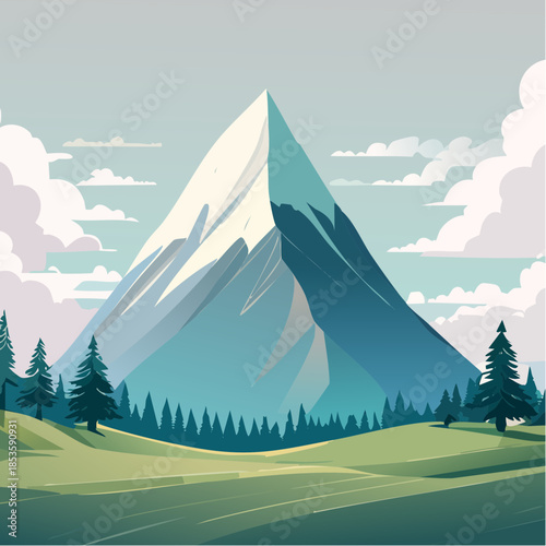 A stylized illustration of a majestic mountain peak surrounded by a serene landscape.