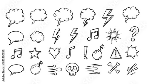 Line speed cartoon effect, boom explosion line element set. Comic boom burst, explosive smoke, line speed cartoon vector icon. Hand drawn sketch doodle action motion effect. Vector illustration 