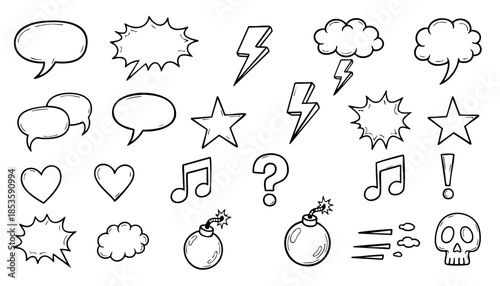 Comic boom cartoon effect line element set. Comic speech bubble pow, boom text, explosive splash smoke, wow cartoon vector icon. Hand drawn sketch doodle explosive element. Vector illustration.