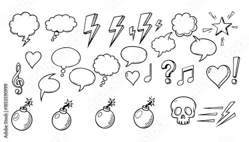 Line speed cartoon effect, boom explosive motion line element set. Comic boom burst, explosive smoke, line speed cartoon vector icon. Hand drawn sketch doodle action effect. Vector illustration