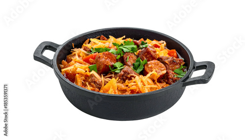 A savory stew, filled with sausage, cabbage, and herbs, in a dark, handled bowl