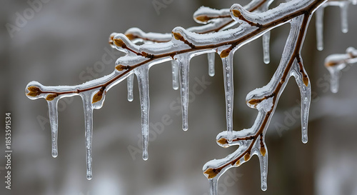 Closeup of icicles hanging from frozen tree branch in winter with blurred background, ice formation in cold weather, frosty natural scenery