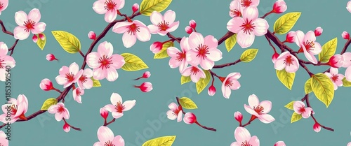 Delicate manga-style cherry blossoms and stylized leaves in a seamless repeat pattern,  nature,  cherry blossom