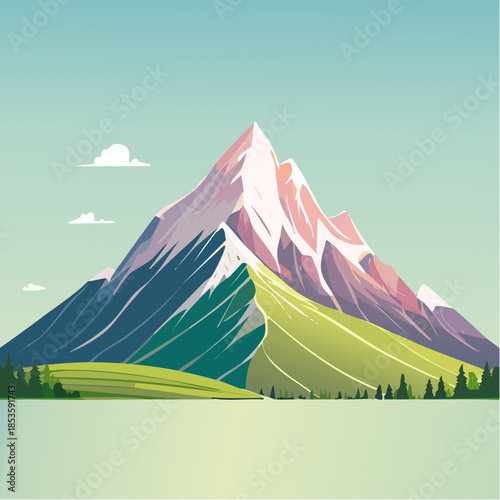A stylized illustration of a mountain range with snow-capped peaks, green slopes, and a clear blue sky.