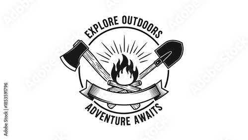 Explore Outdoors Adventure Awaits Campfire Axe Shovel Emblem.